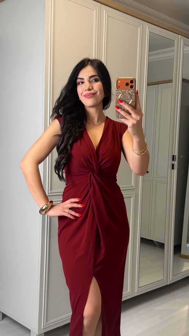 Lorena Bordo V Yaka Örme Crep Elbise