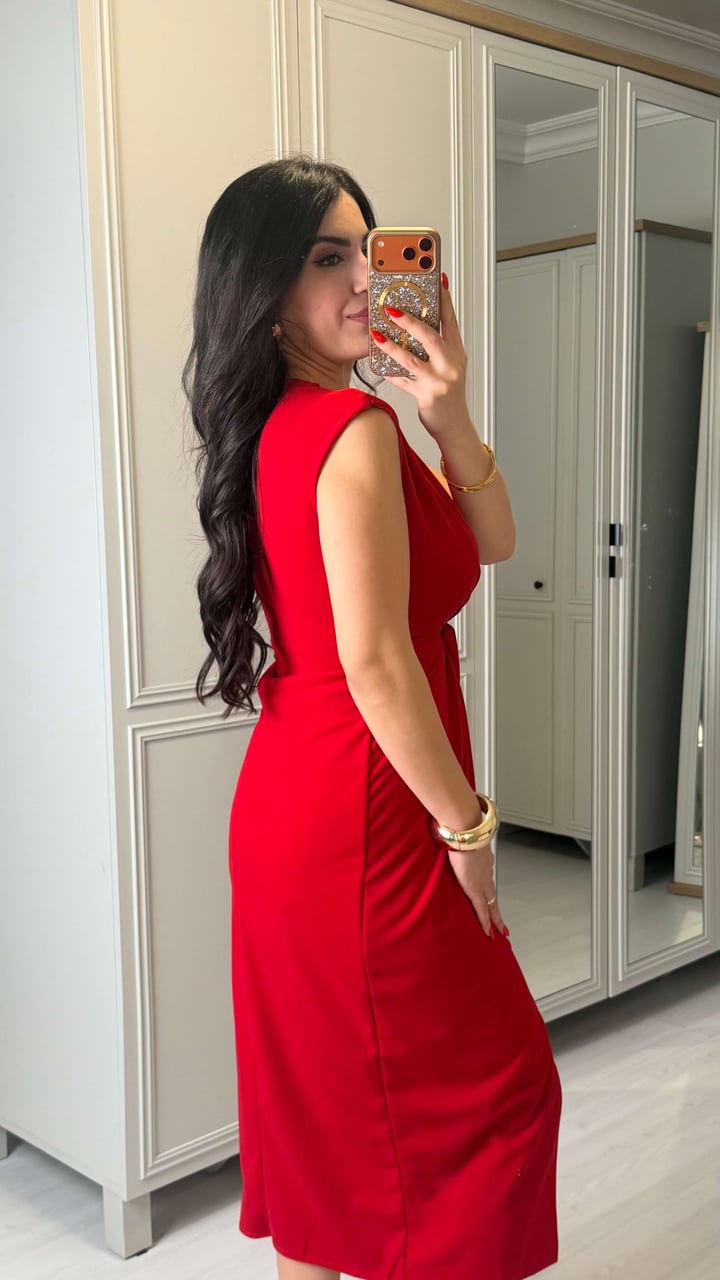 Lorena Kırmızı V Yaka Örme Crep Elbise