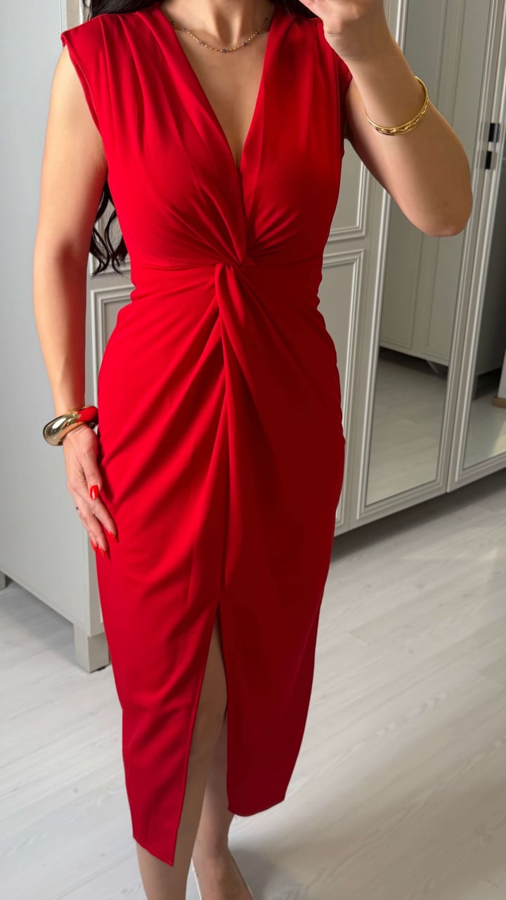 Lorena Kırmızı V Yaka Örme Crep Elbise