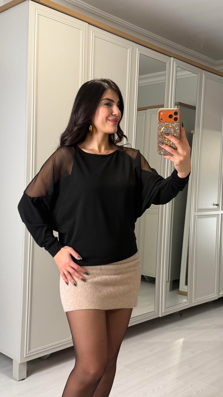 Losa Siyah Kolları File Detaylı Bluz