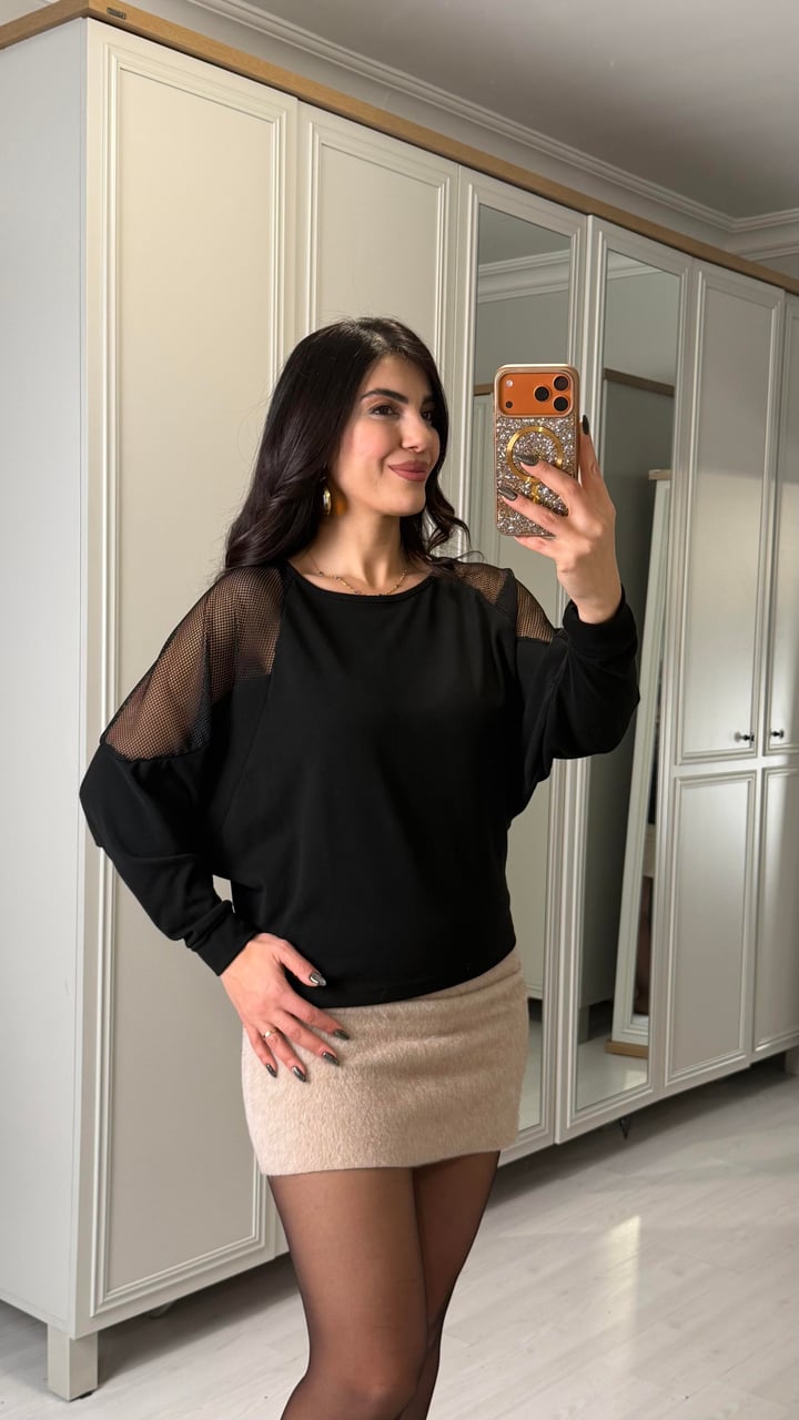 Losa Siyah Kolları File Detaylı Bluz