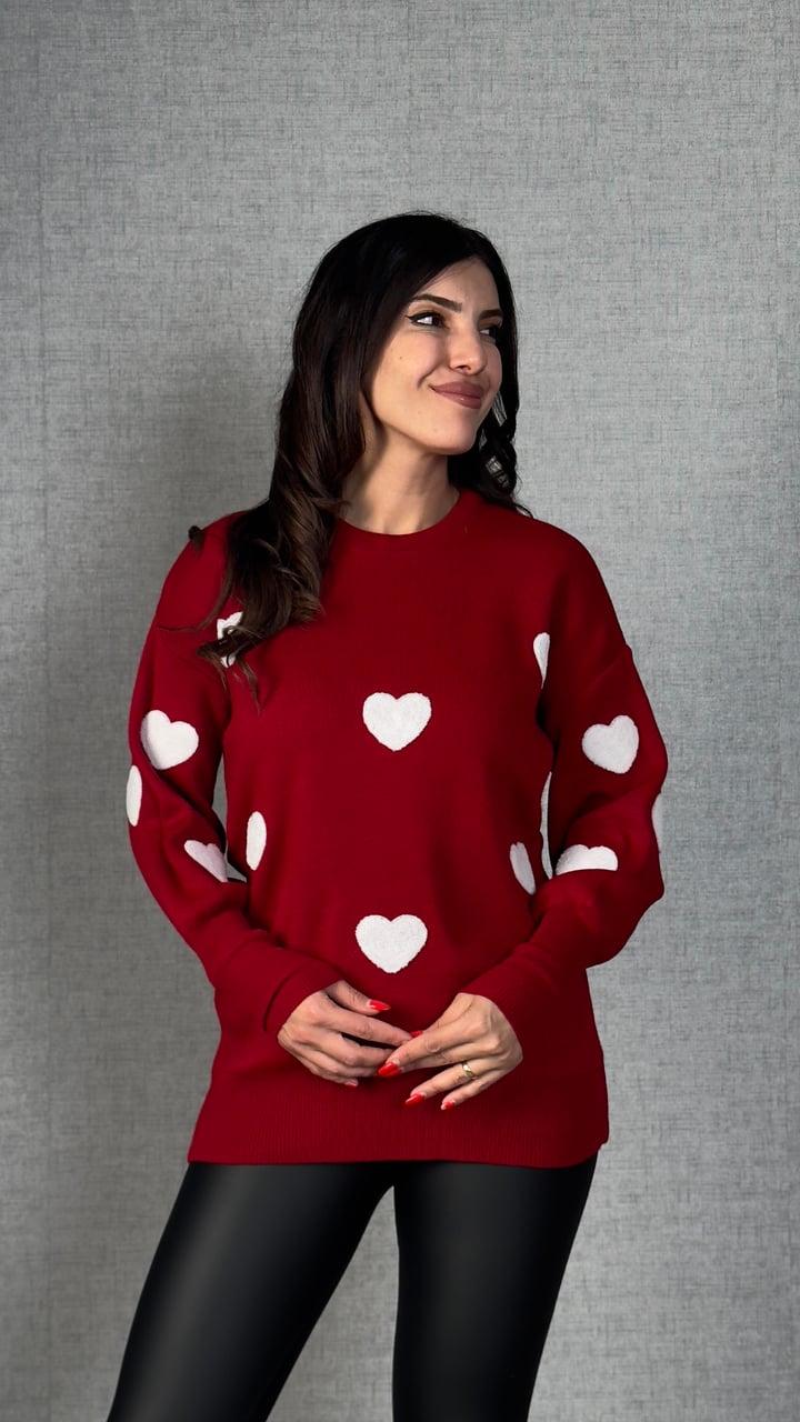 Love Kırmızı Kalp Desenli Triko Kazak