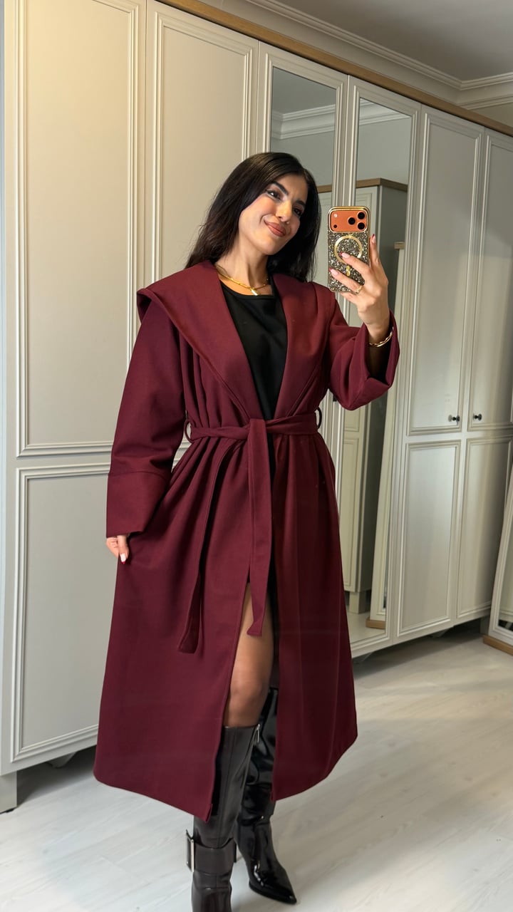 Lovu Bordo Uzun Kaşe Kaban
