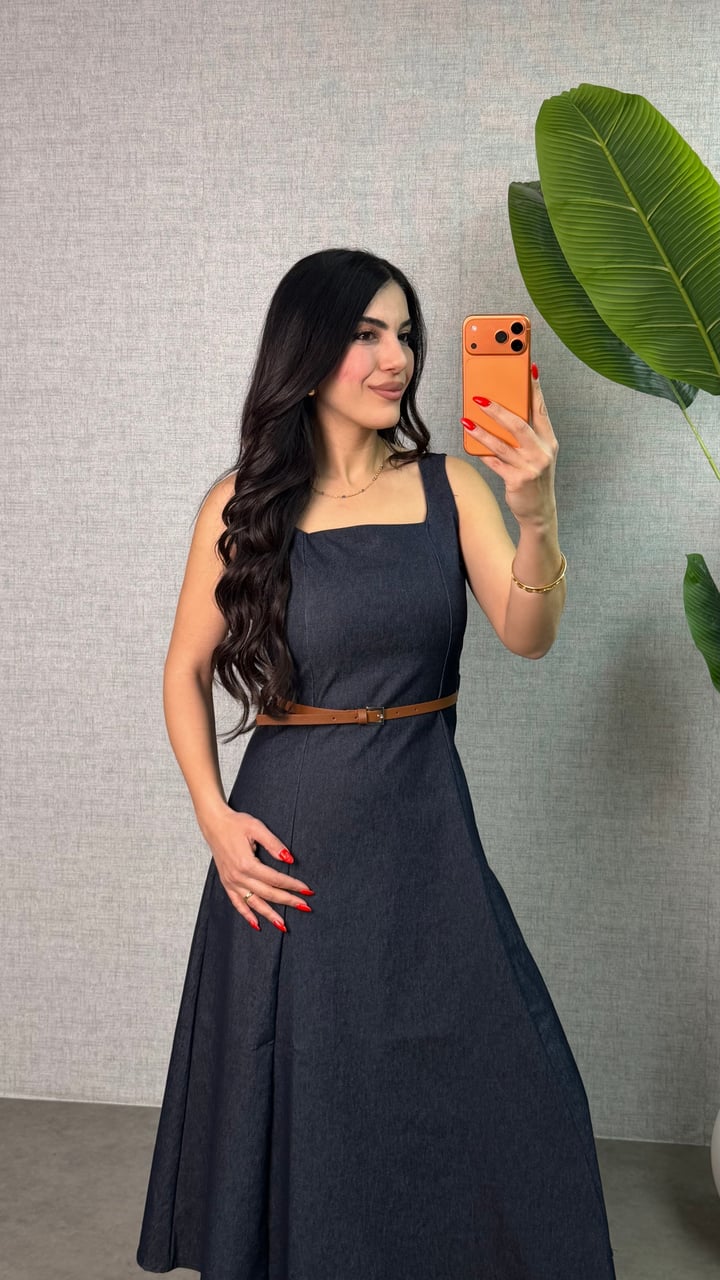 Luga Mavi Kemerli Denim Elbise