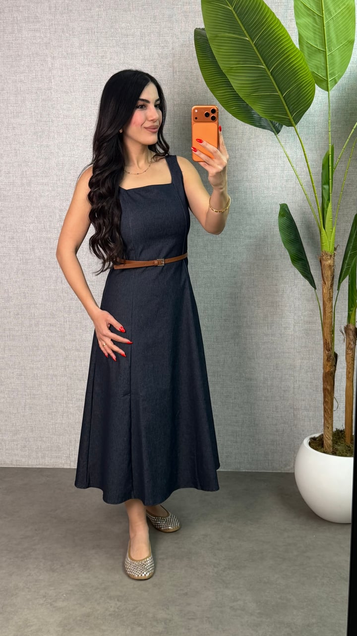 Luga Mavi Kemerli Denim Elbise