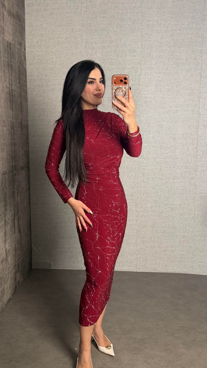 Lumi Bordo Sandy Taşlı Elbise
