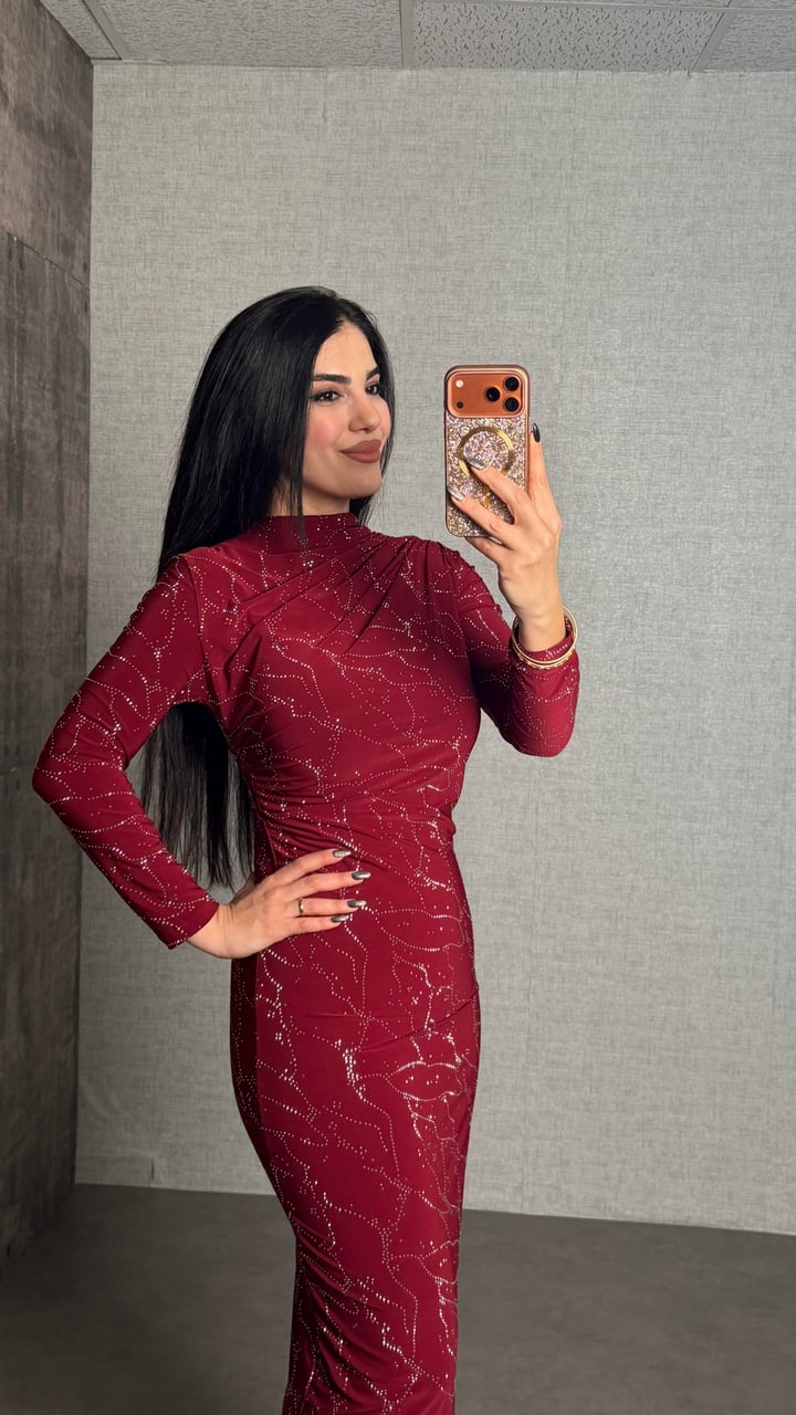 Lumi Bordo Sandy Taşlı Elbise