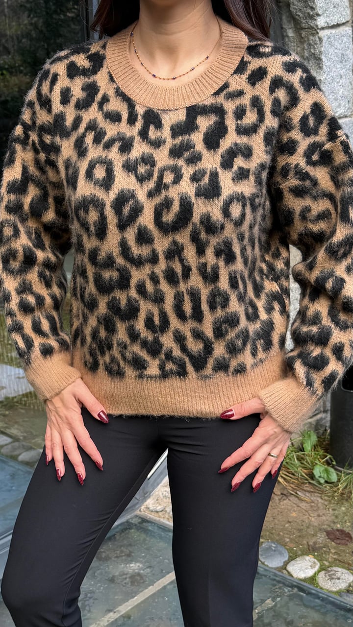 Madza Kahverengi Leopar Desenli Triko Kazak