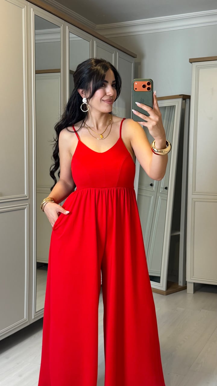 Medy Kırmızı Çapraz Askılı Viscon Tulum