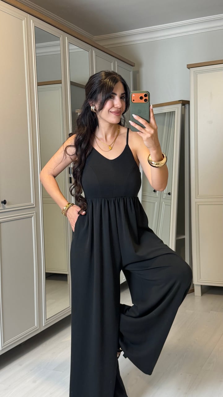 Medy Siyah Çapraz Askılı Viscon Tulum