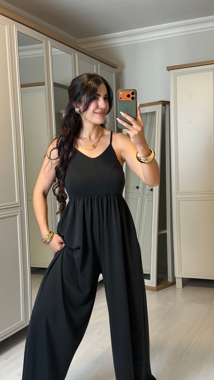 Medy Siyah Çapraz Askılı Viscon Tulum