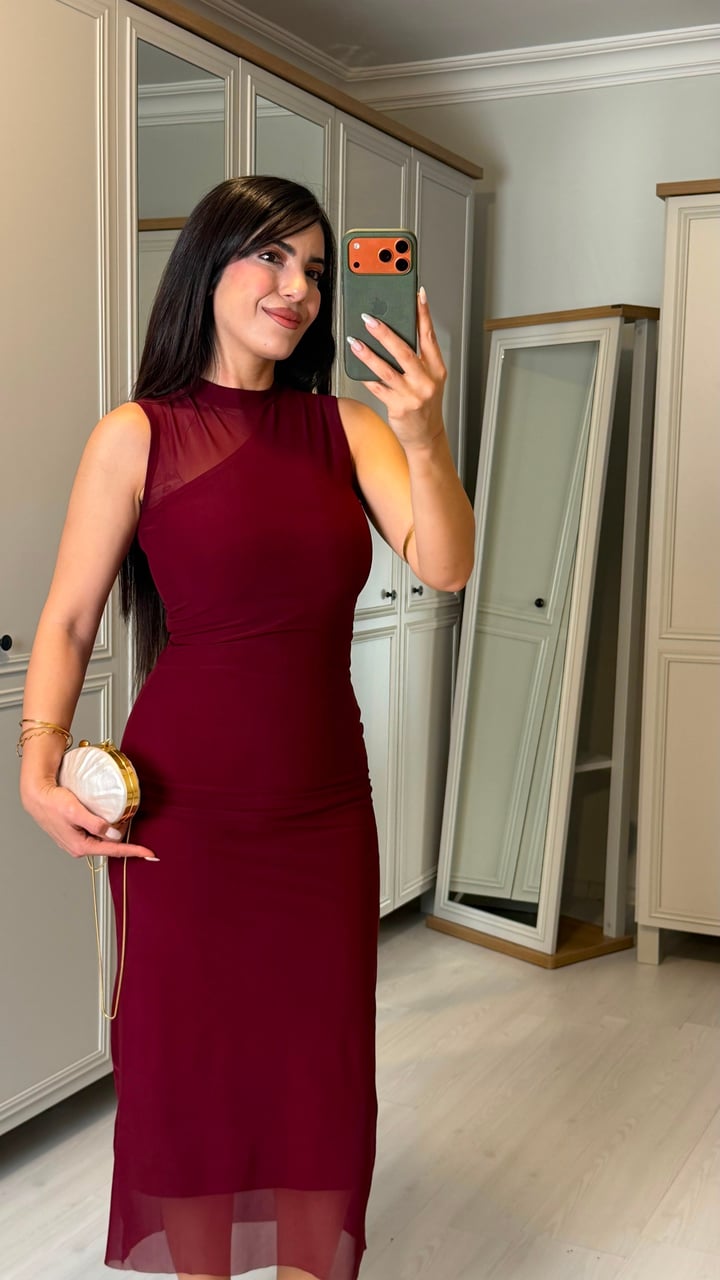 Mela Bordo Tül Astarlı Sıfır Kol Elbise