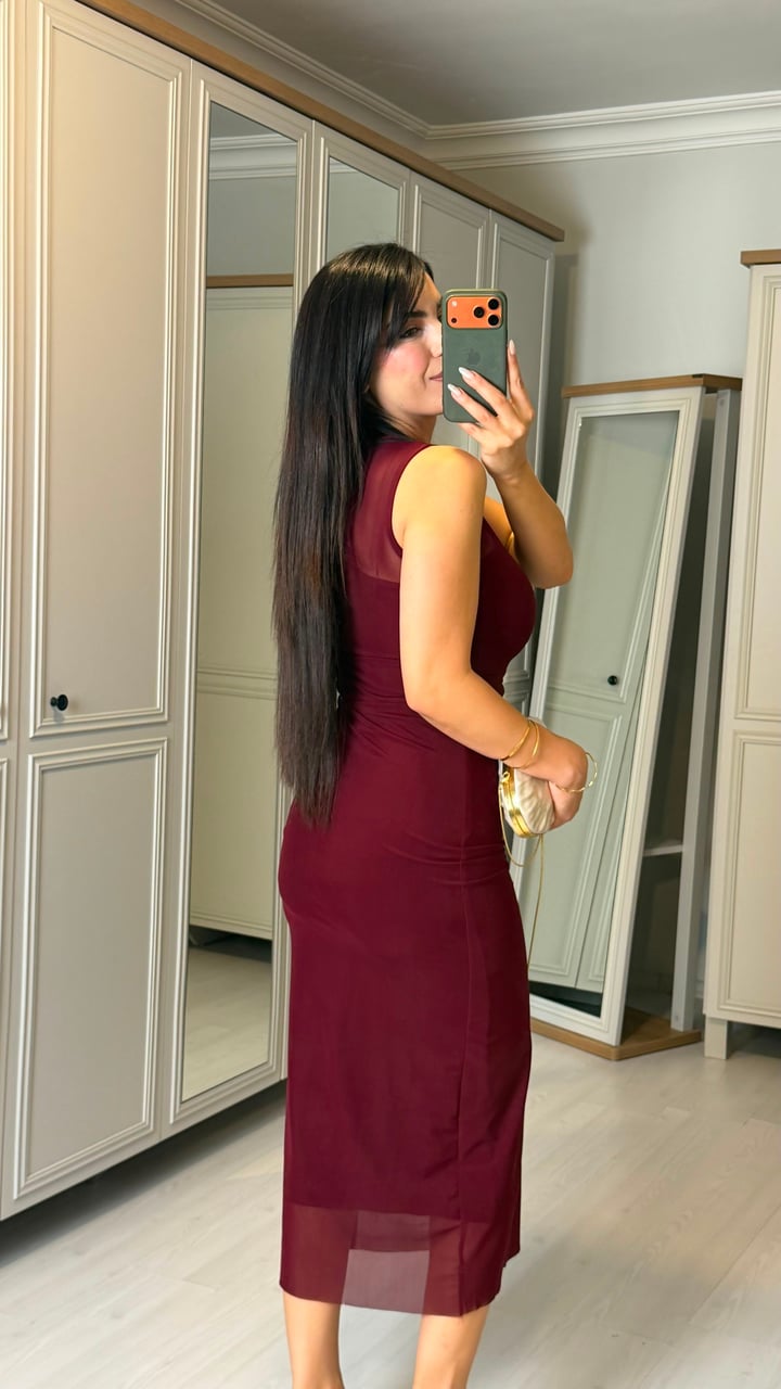 Mela Bordo Tül Astarlı Sıfır Kol Elbise