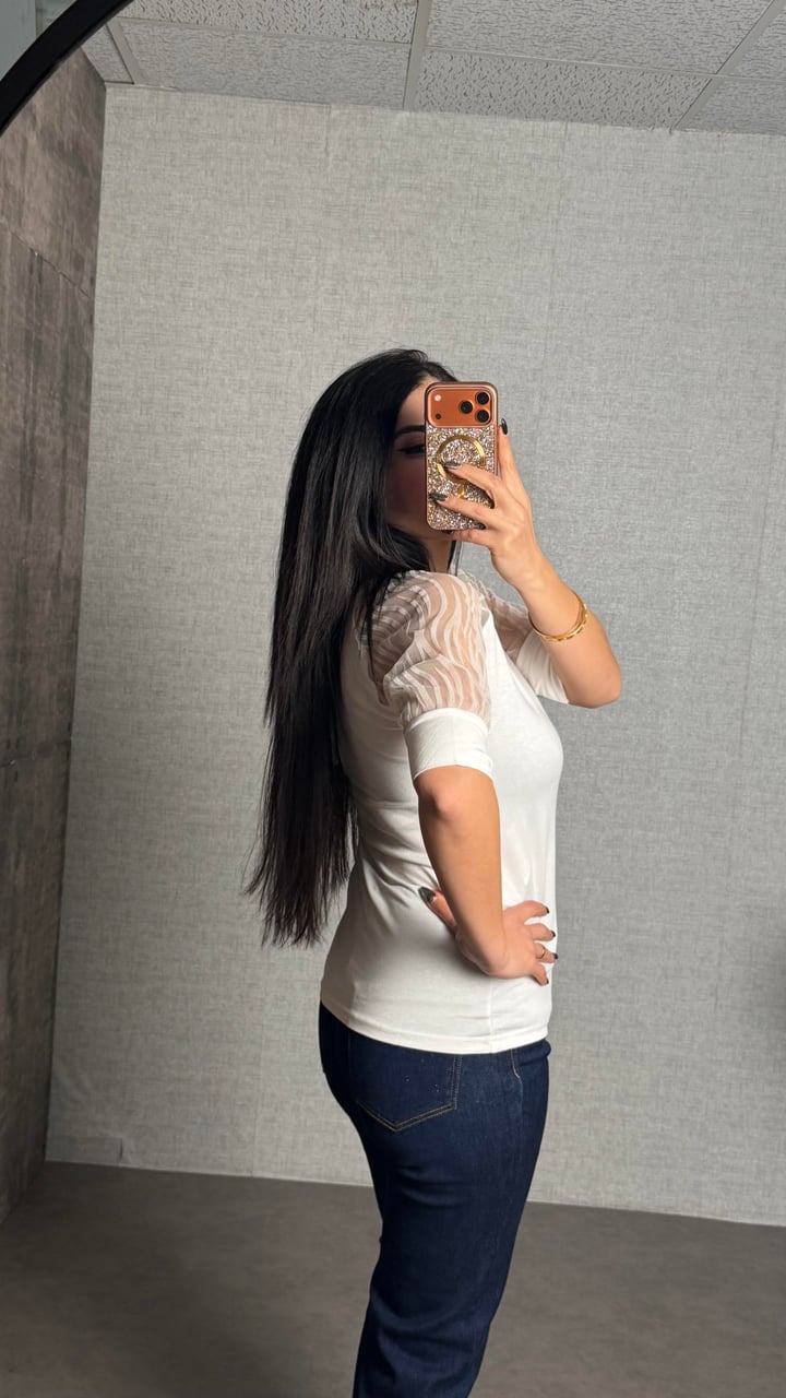 Meloni Beyaz Kolları Tül Bluz