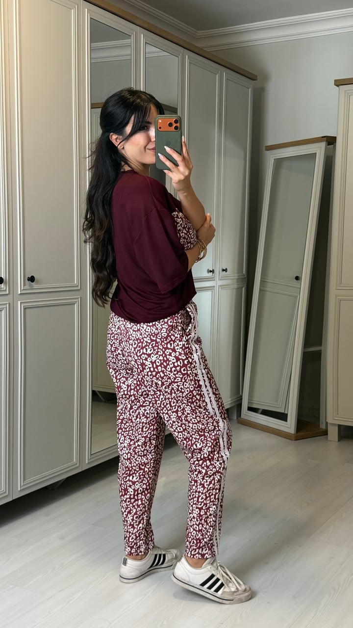 Milana Bordo Leopar Desenli Şeritli  İkili Takım