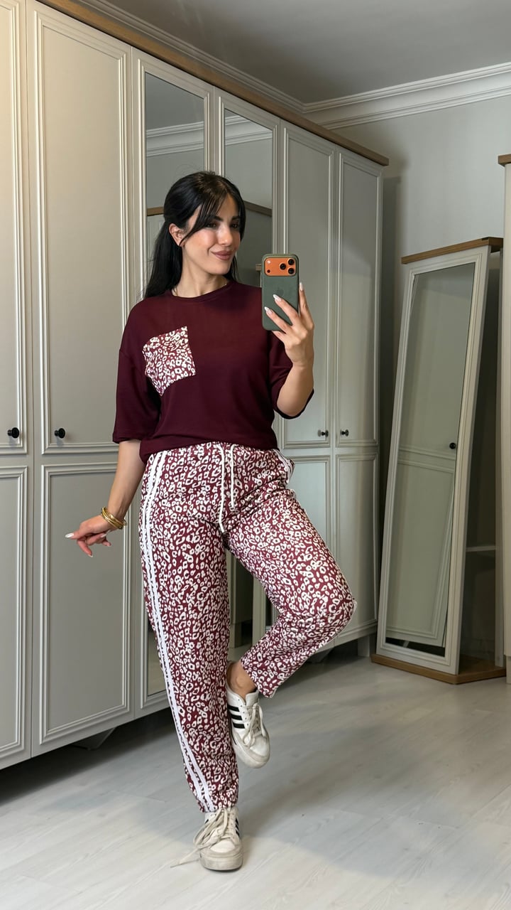 Milana Bordo Leopar Desenli Şeritli  İkili Takım