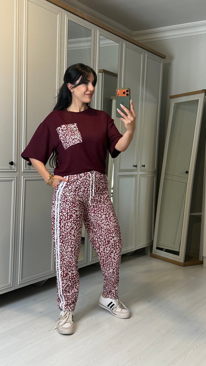 Milana Bordo Leopar Desenli Şeritli  İkili Takım