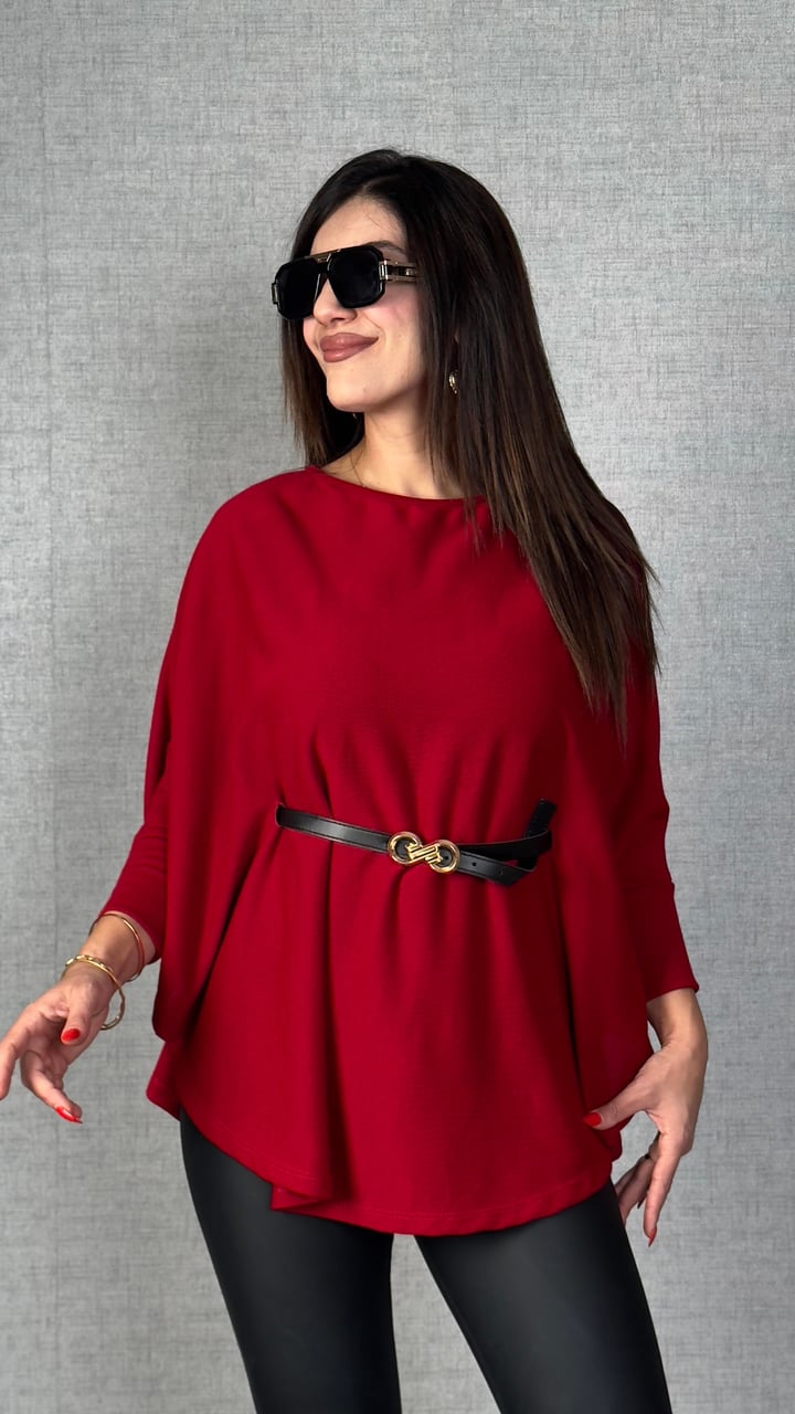 Milana Kırmızı Kemerli Triko Panço
