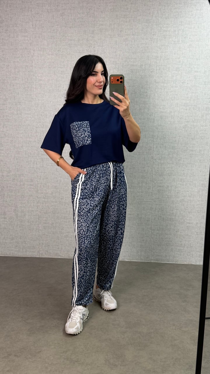 Milana Lacivert Leopar Desenli Şeritli  İkili Takım