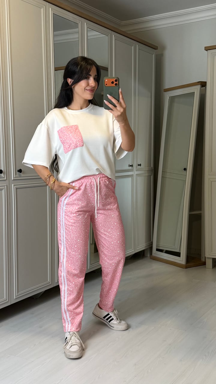 Milana Pembe Leopar Desenli Şeritli  İkili Takım
