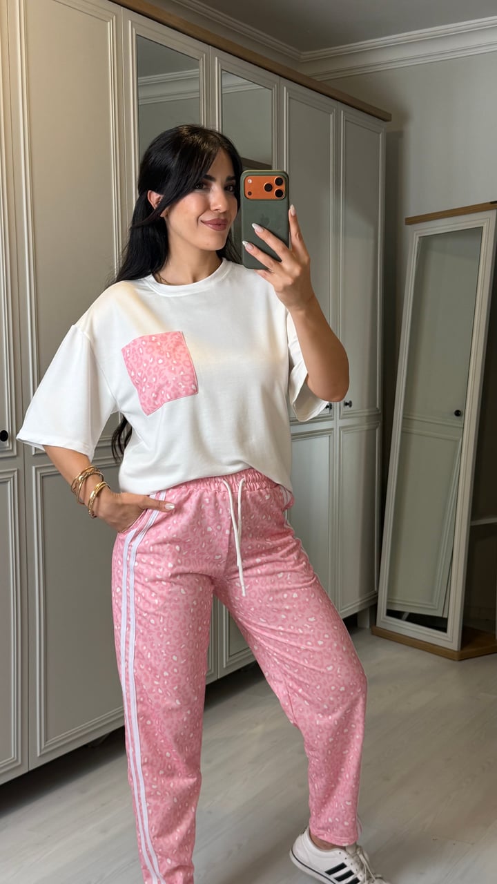 Milana Pembe Leopar Desenli Şeritli  İkili Takım