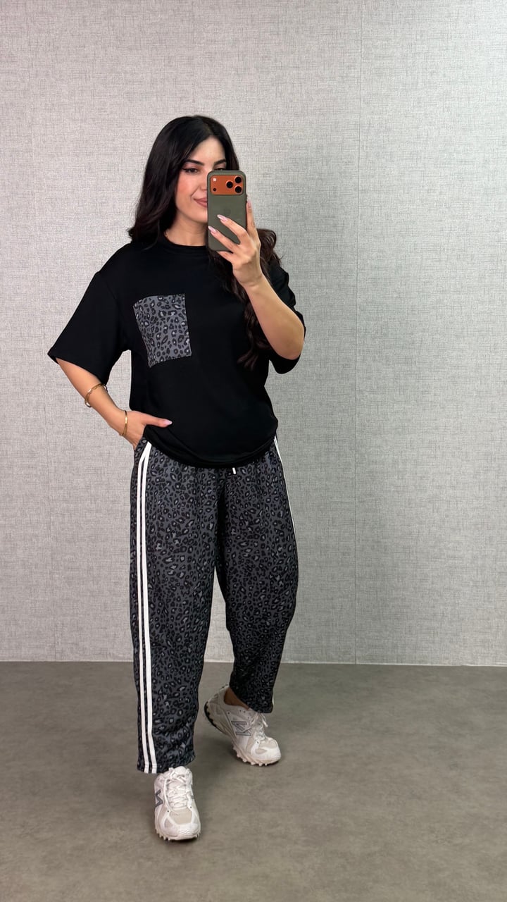 Milana Siyah Leopar Desenli Şeritli  İkili Takım