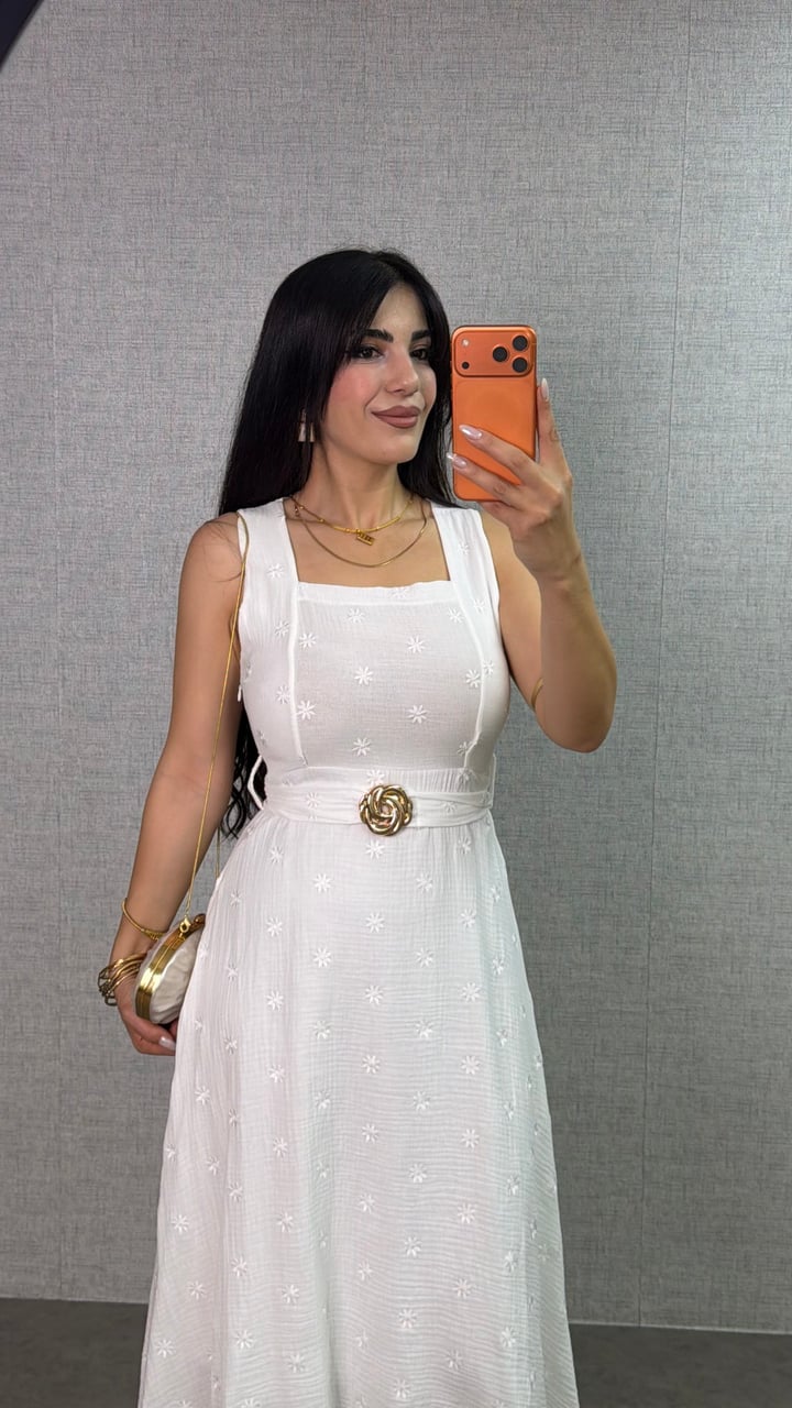 Miola Beyaz Kare Yaka Gold Kemerli Elbise