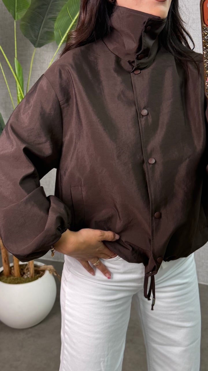 Mirella Kahverengi Premium Dökümlü Çıt Çıtlı Bomber Ceket