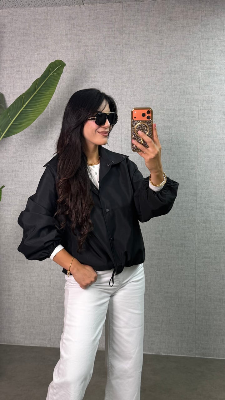 Mirella Siyah Premium Dökümlü Çıt Çıtlı Bomber Ceket