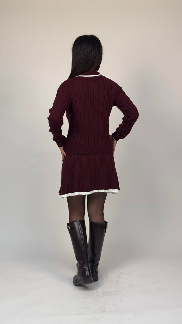 Misty Bordo Polo Yaka Etekli Triko Takım