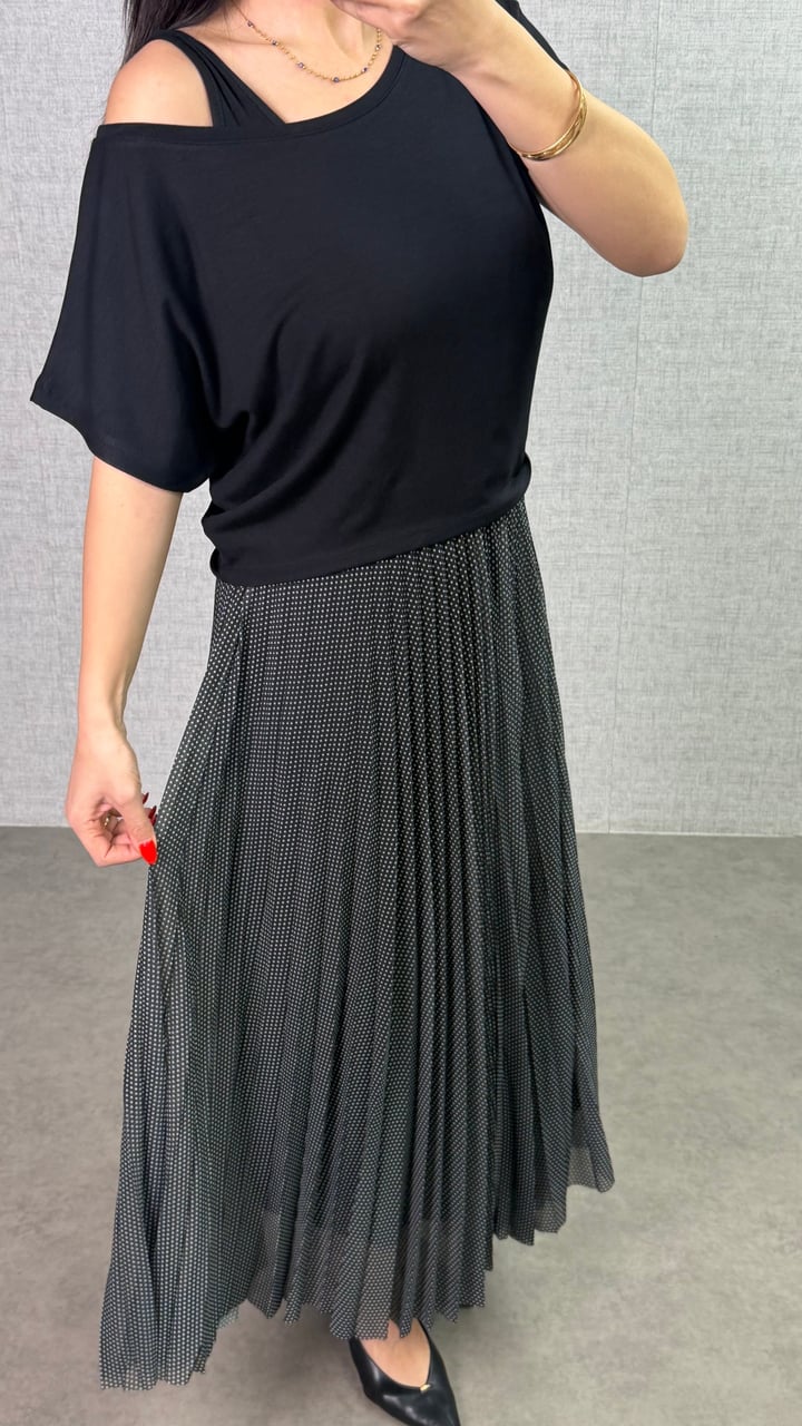 Monika Siyah Puantiye Piliseli İkili Elbise