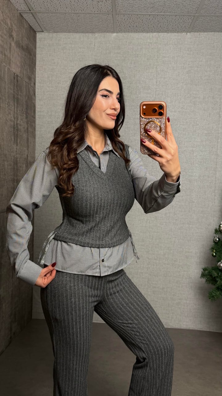 Mory Gri Gömlek Detaylı Yandan Bağlamalı Triko İkili Takım