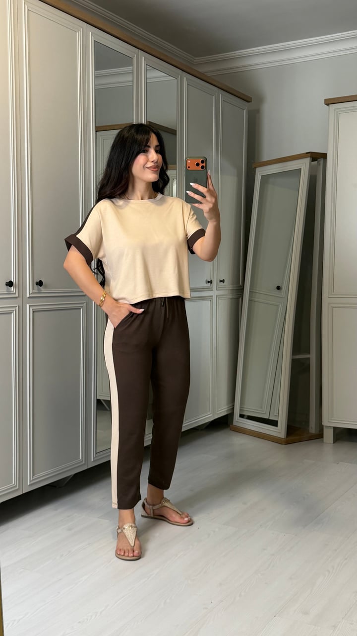 Mucca Kahverengi Şeritli Modal İkili Takım