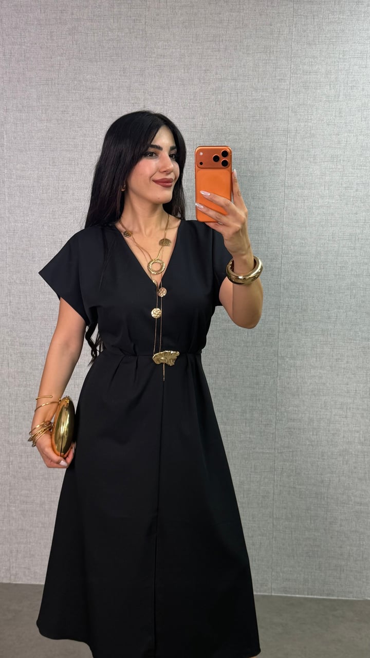 Musy Siyah Gold Tokalı Bağlamalı Elbise