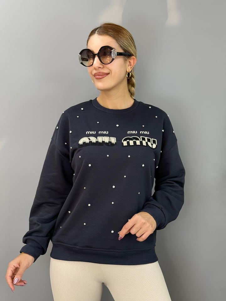 Muyi Antrasit Baskılı Taşlı SweatShirt