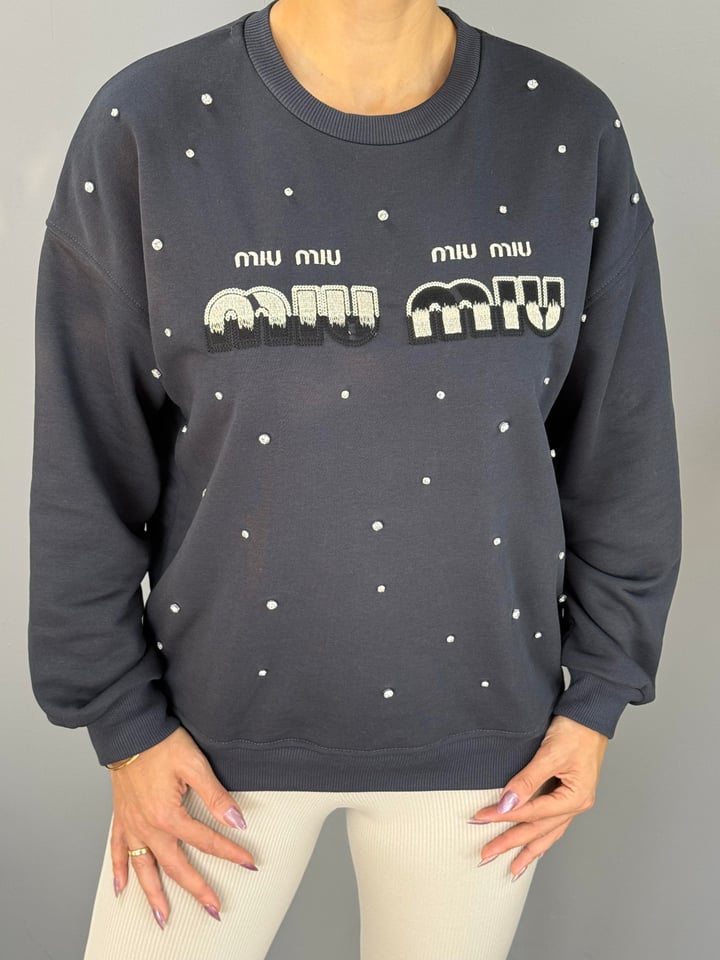 Muyi Antrasit Baskılı Taşlı SweatShirt