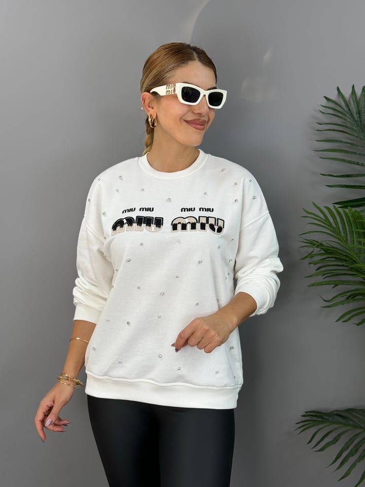 Muyi Beyaz Baskılı Taşlı SweatShirt