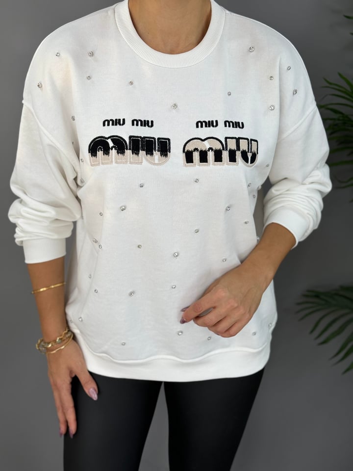 Muyi Beyaz Baskılı Taşlı SweatShirt