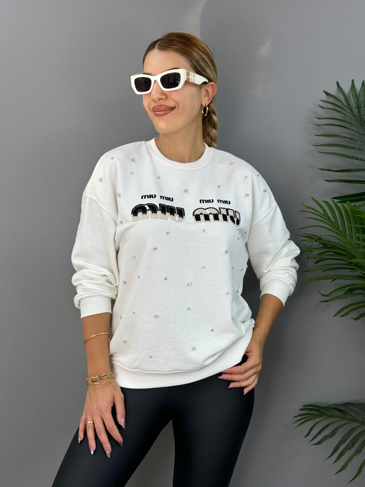 Muyi Beyaz Baskılı Taşlı SweatShirt