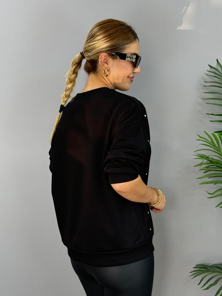 Muyi Siyah Baskılı Taşlı SweatShirt