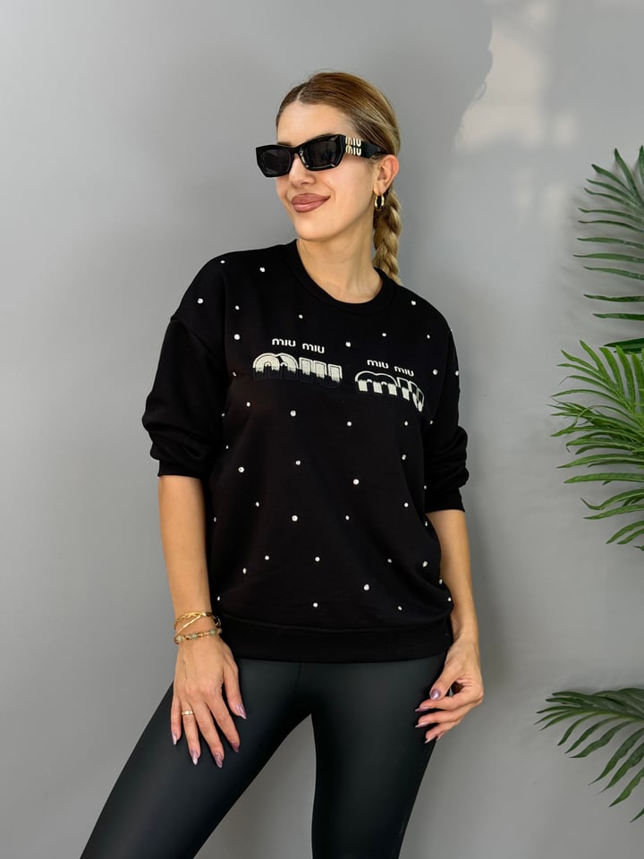 Muyi Siyah Baskılı Taşlı SweatShirt