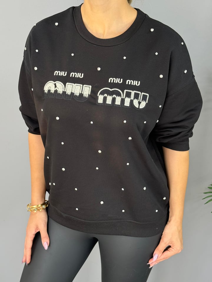 Muyi Siyah Baskılı Taşlı SweatShirt