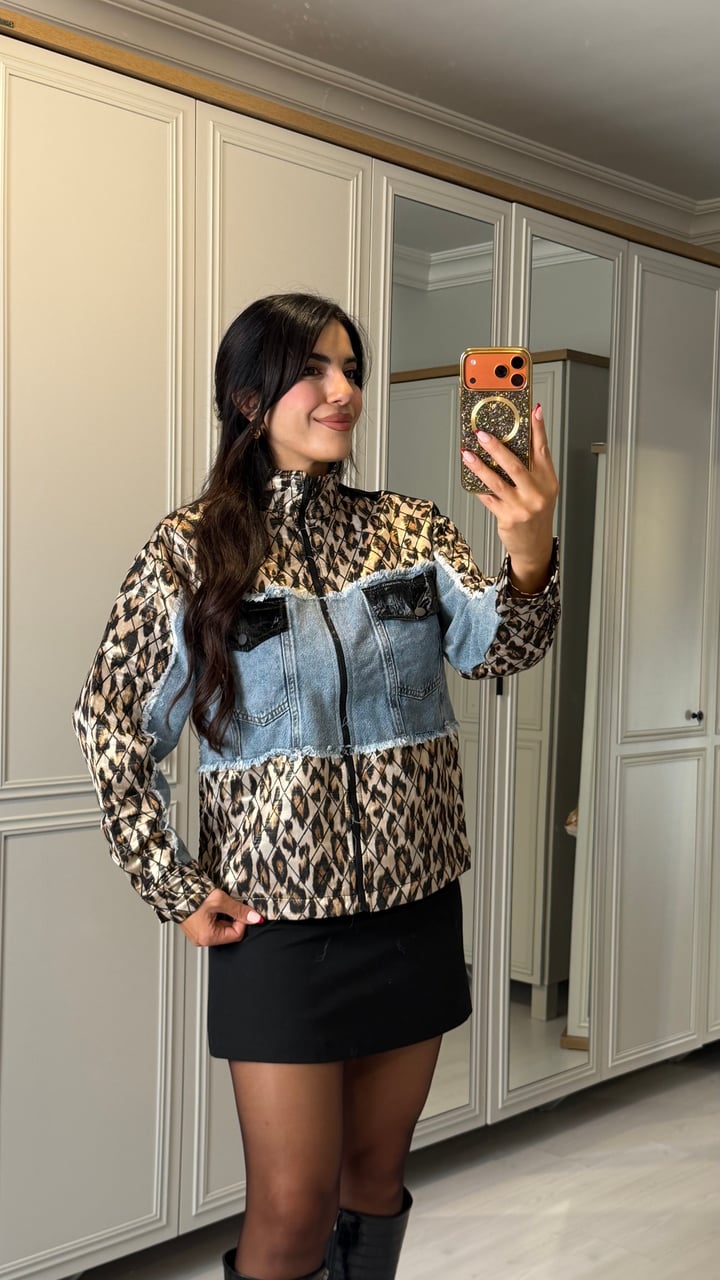 Naga Tasarım Jean Detaylı Leopar Ceket