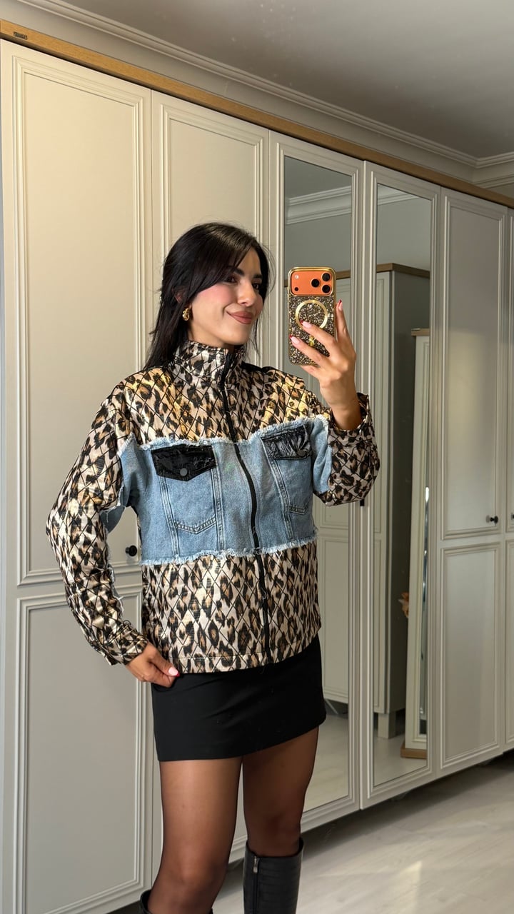 Naga Tasarım Jean Detaylı Leopar Ceket