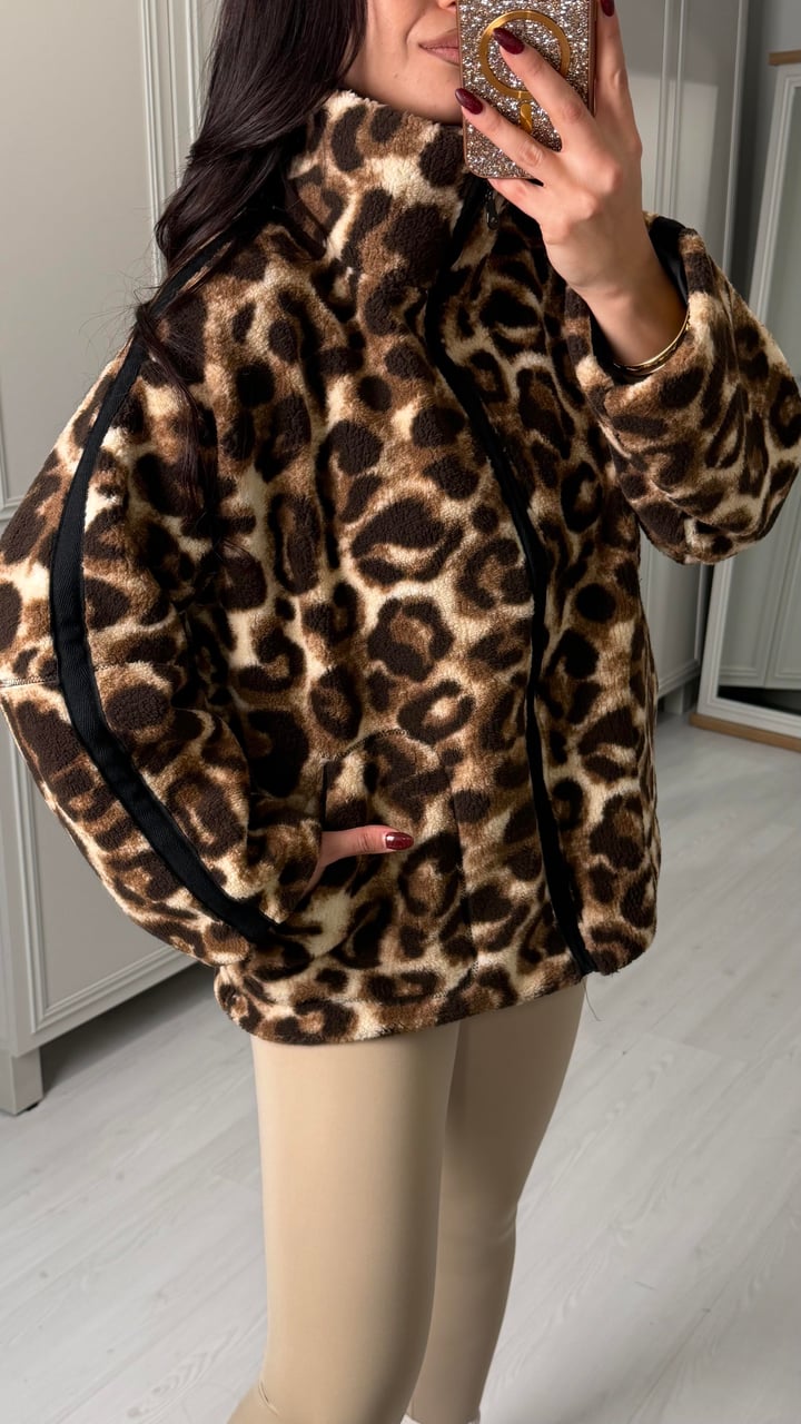 Nidy Leopar Astarlı Fermuarlı Polar Mont