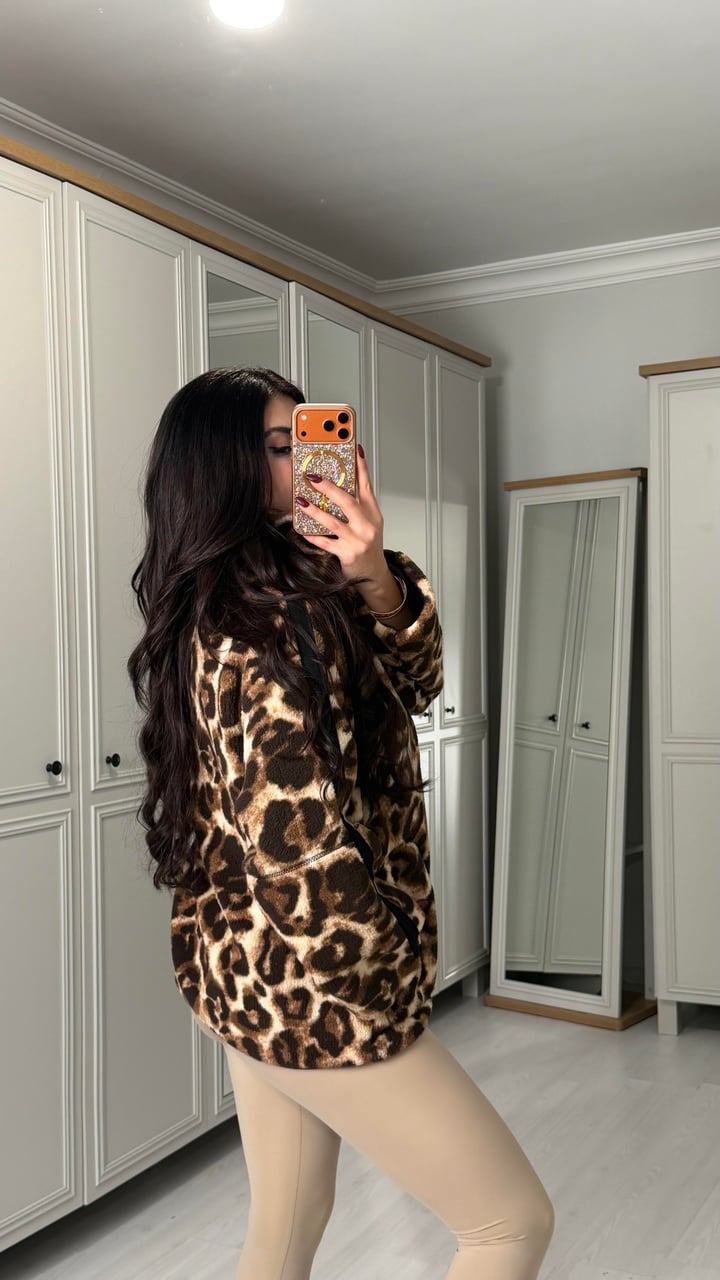 Nidy Leopar Astarlı Fermuarlı Polar Mont