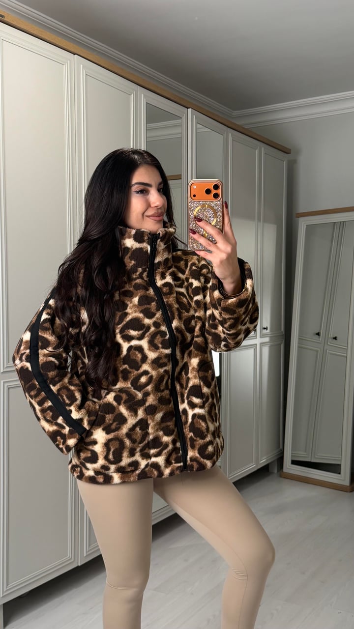Nidy Leopar Astarlı Fermuarlı Polar Mont