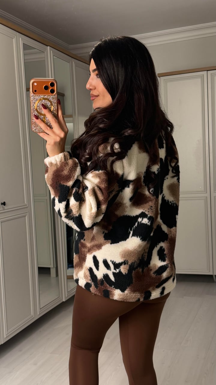 Nika Leopar Desenli Yarım Fermuarlı Polar Sweatshirt