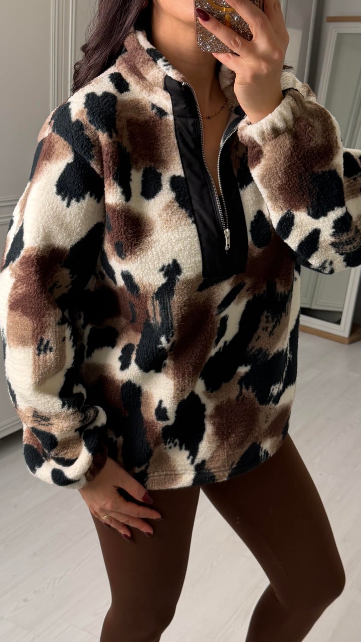 Nika Leopar Desenli Yarım Fermuarlı Polar Sweatshirt
