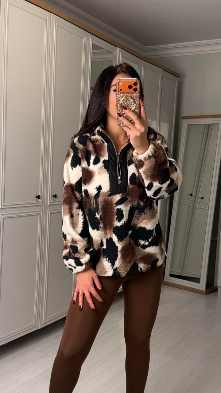 Nika Leopar Desenli Yarım Fermuarlı Polar Sweatshirt